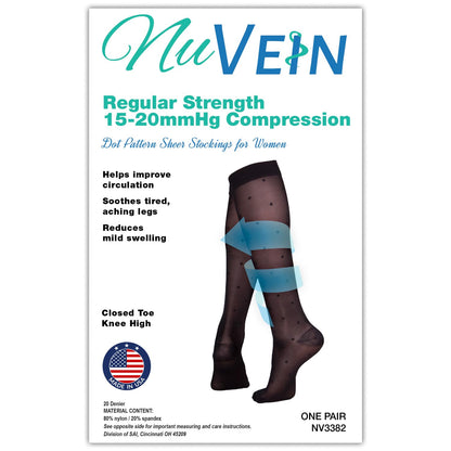 NuVein Sheer Compression Stockings, 15-20 mmHg Support, Women's Dot Pattern Nylons, Knee High, Closed Toe, Espresso, Large