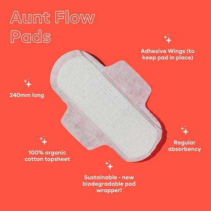 Aunt Flow Organic Cotton Pads with Wings - Regular Absorbency Menstrual Pads, Dioxin-Free, Hypoallergenic, 36 Count