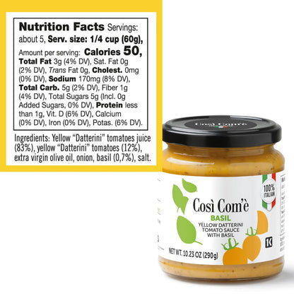 Cosi Come - Yellow Tomato Pasta Sauce with Basil, 10.23 Oz, Made with Yellow Datterino Tomatoes, Non GMO, Non Preservative, Product of Italy