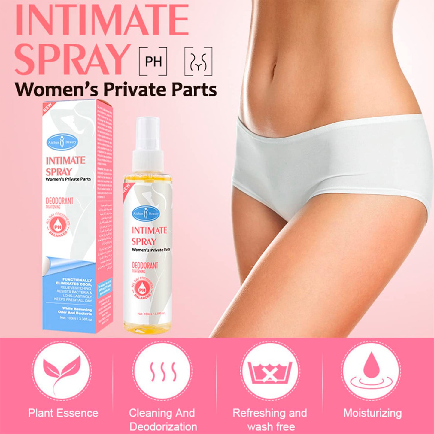 AICHUN BEAUTY Intimate Spray Deodorant Armpits Feet Tightening Vagina PH Balanced Private Part Eliminate Odor Feel Fresh Body 100ml / 3.38fl.oz