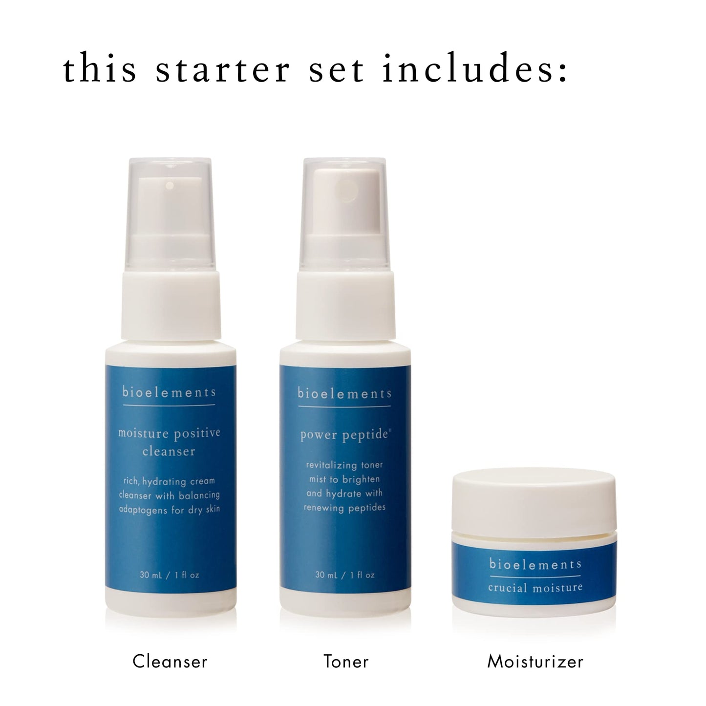 Bioelements 3-Step Mini Starter Set: Dry Skin - Includes Moisture Positive Cleanser, Power Peptide Toner & Crucial Moisture Moisturizer - Vegan, Gluten Free - Never Tested on Animals