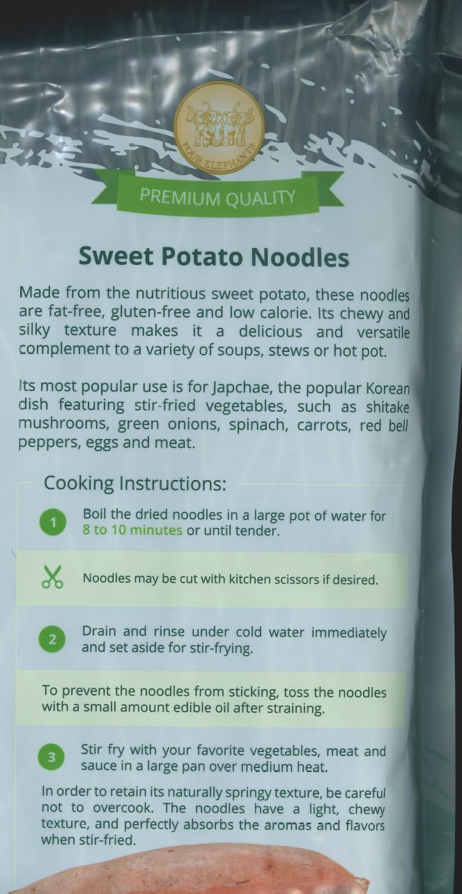Four Elephants Sweet Potato Glass Noodles 35 oz (1kg), Family Value, Vegan, Gluten-Free & Non-GMO Korean Vermicelli for Japchae, Stir-Fry, Hot Pot, and Asian Cooking
