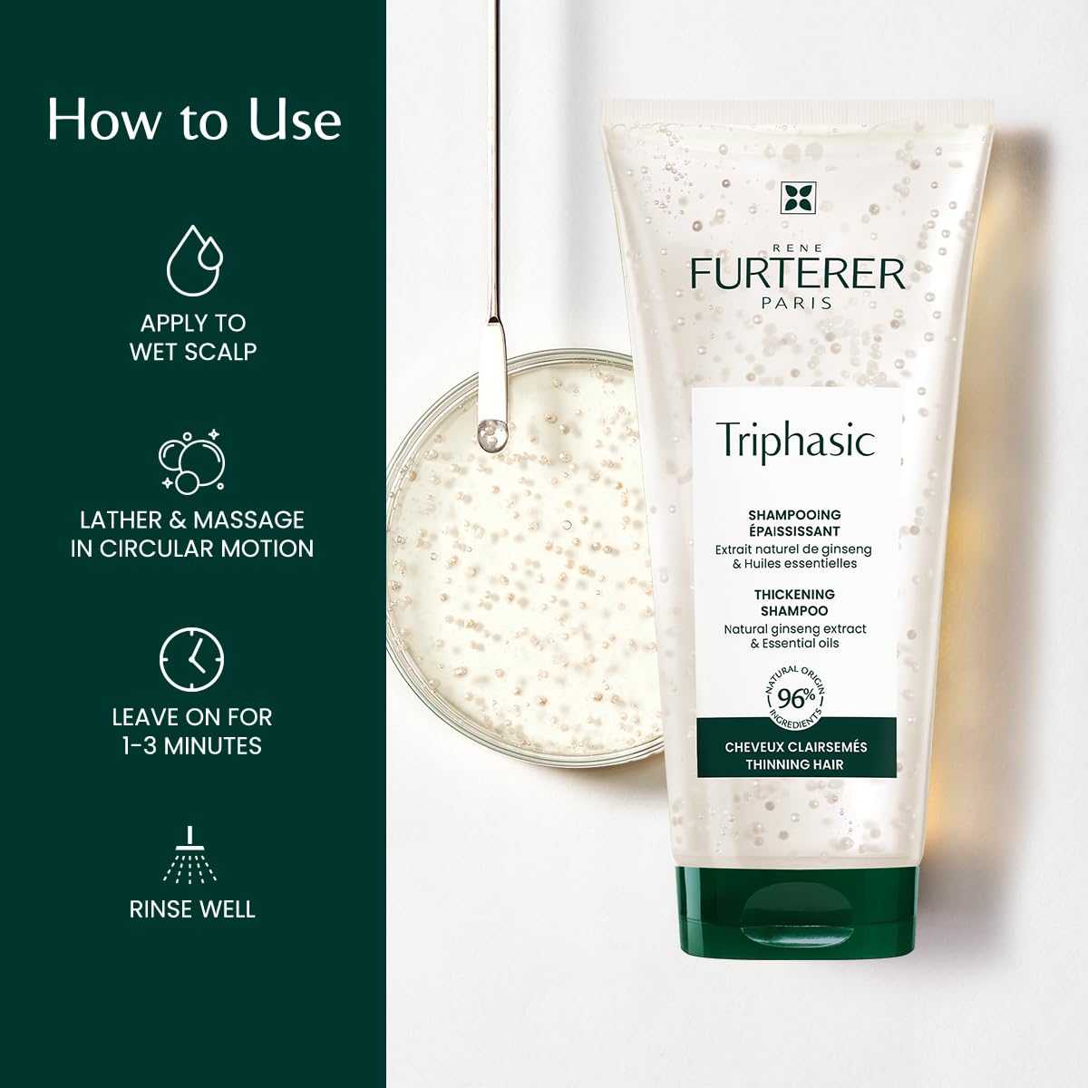 Rene Furterer TRIPHASIC Thickening Shampoo – For Thinning Hair – Improves hair density & strength – Scalp Nutrition – Rosemary Oil - For Men & Women - Color Safe