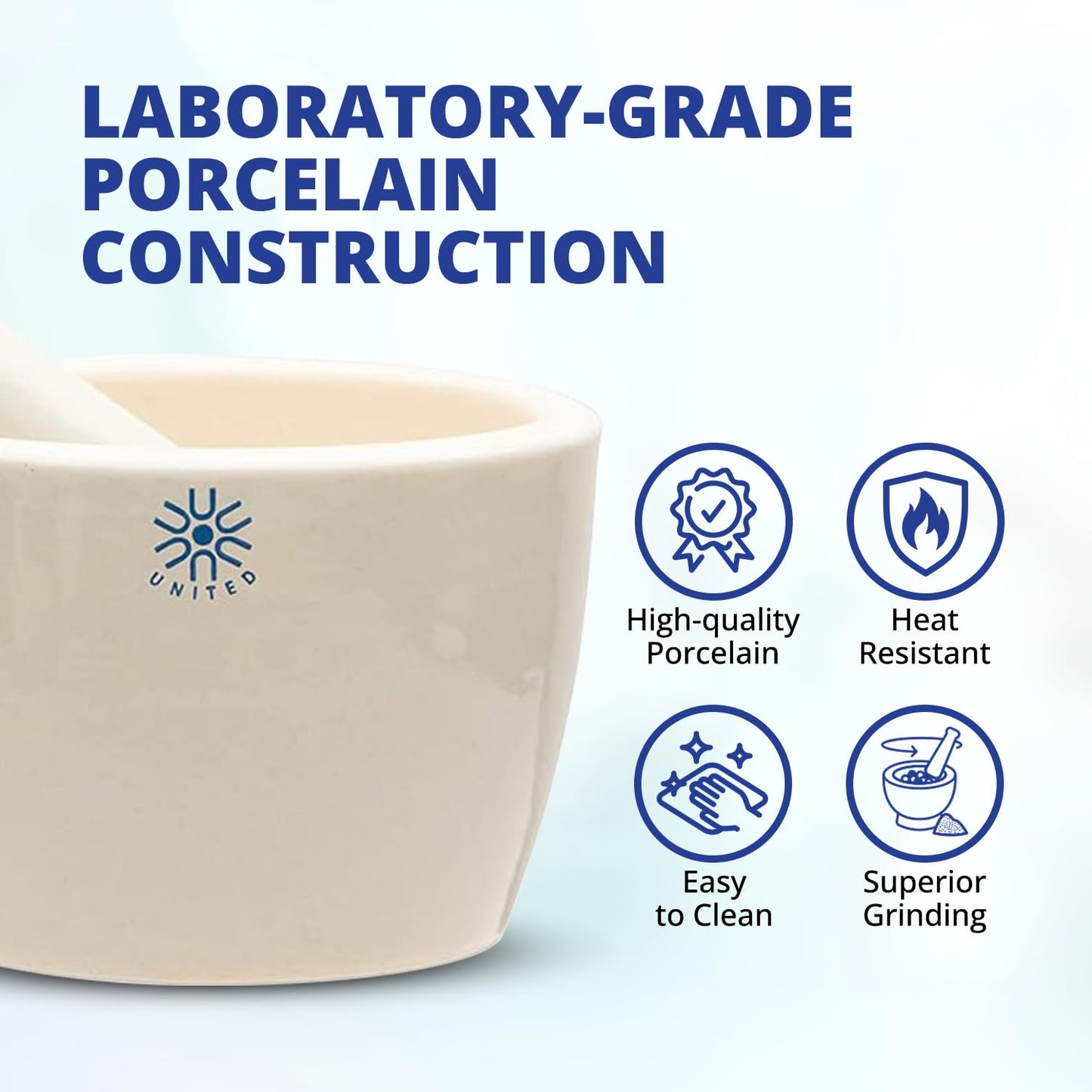 United Scientific™ Ceramic Mortar and Pestle Set - 70mL Capacity, 2.75" Diameter Pill Crusher - Deep Form Grinding Bowl with Pour Spout, Unglazed Pill Grinder Surface for Kitchen or Lab Use