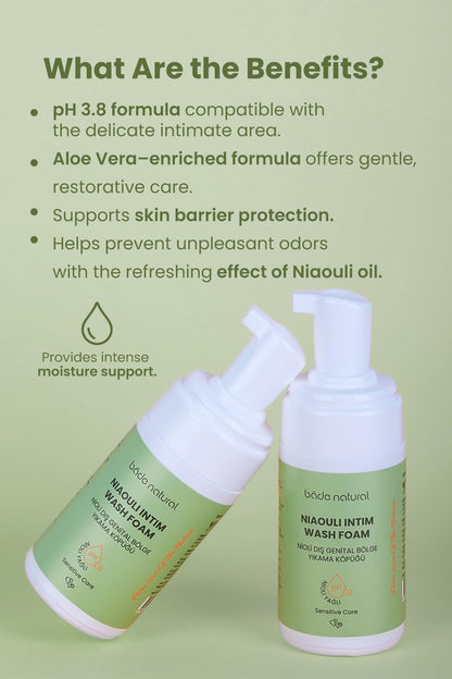Bade Natural Niaouli Oil Feminine Foaming Wash – pH 3.8, Intimate Cleanser with Aloe Vera – Gentle Freshness & Moisture for Sensitive Skin, 4.2 fl oz (125 ml)