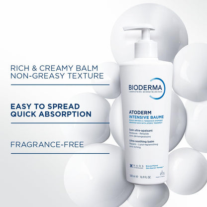 Bioderma Atoderm Intensive Balm, Hydrating Balm for Dry to Atopic Sensitive Skin, Face & Body Moisturizer with Ultra Soothing Anti-Itching Formula, Fragrance-Free, Non-Greasy & Non-Sticky for Family