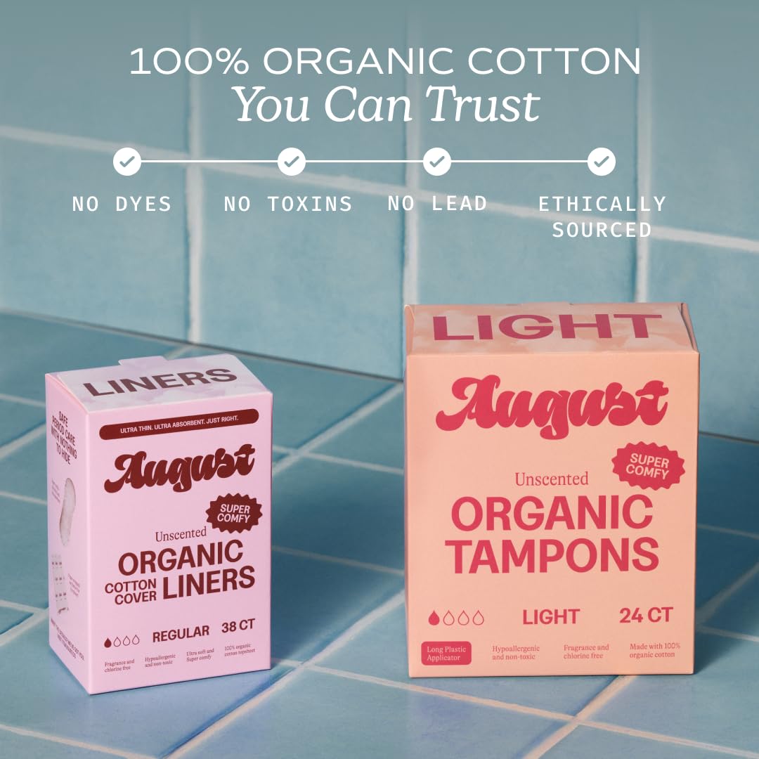 August Light Tampons - 24-Pack 100% Organic Cotton Tampons for Women and Anyone Who Menstruates, Non-Toxic, Fragrance-Free, and Hypoallergenic with Long Applicators