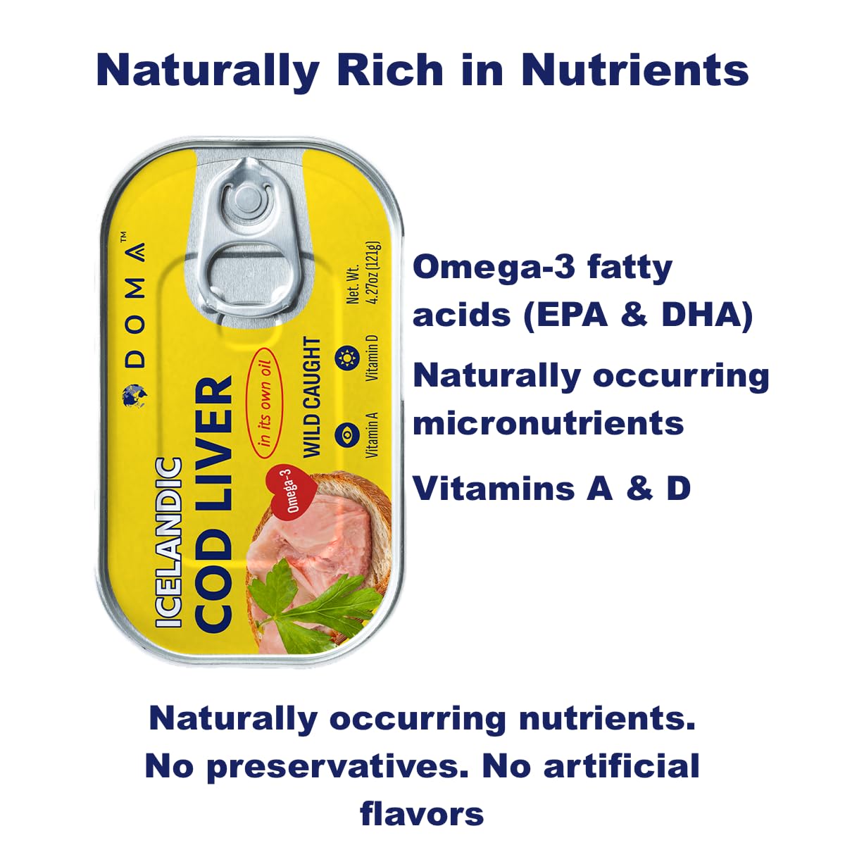 DOMA Icelandic Cod Liver, Selected Whole Pieces in Its Own Oil, Wild-Caught, 110% DV Vitamin D per Serving, Omega-3 (DHA & EPA), Ready to Eat, 12 x 4.27oz (121g), Total 51.2oz / 24 Servings, Pack of 12