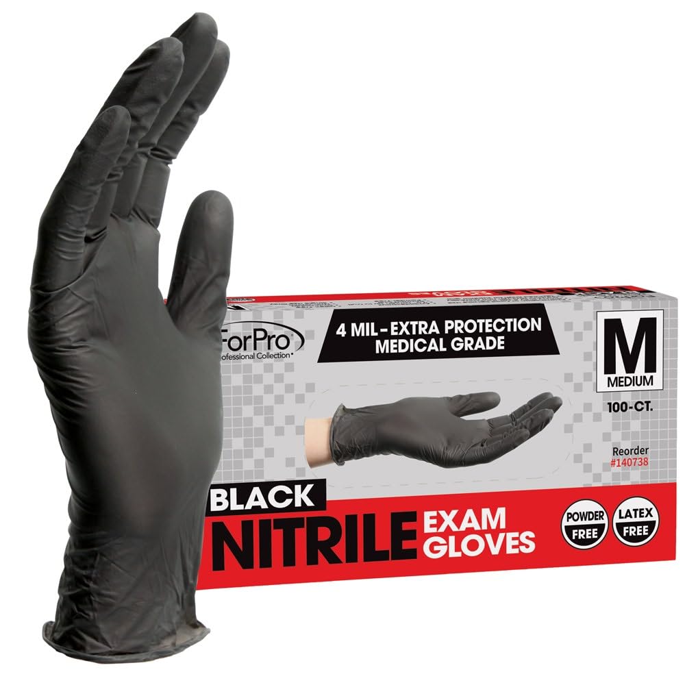 ForPro Disposable Nitrile Exam Gloves, Medical Grade, 4 Mil Extra Protection, Powder-Free, Latex-Free, Non-Sterile, Food Safe, Black, Medium, 100-Count