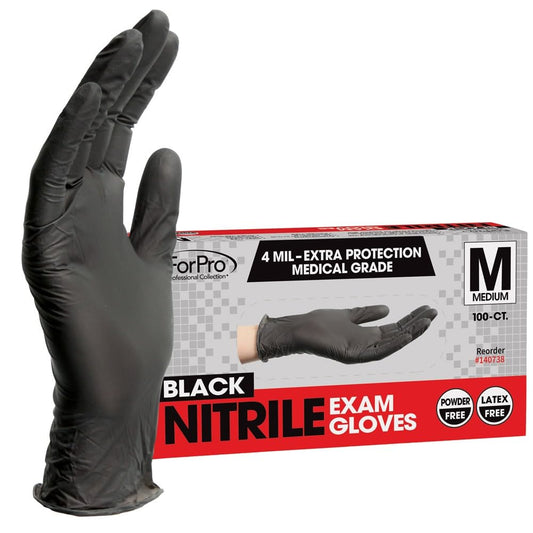 ForPro Disposable Nitrile Exam Gloves, Medical Grade, 4 Mil Extra Protection, Powder-Free, Latex-Free, Non-Sterile, Food Safe, Black, Medium, 100-Count