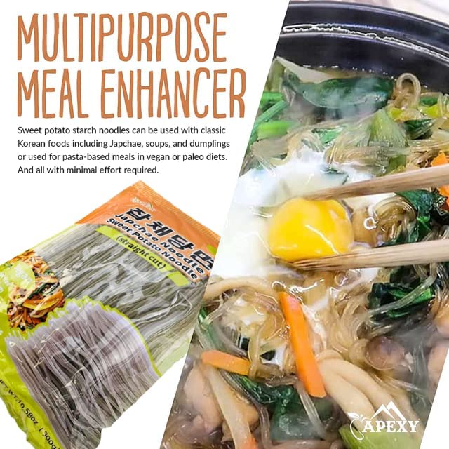 APEXY Sweet Potato Glass Noodles Straight Cut, Japchae Noodles, Korean Vermicelli Pasta, Fat-free and Gluten-free, 100% Sweet Potato Starch, No Additive, No Alum inside, 10.58oz