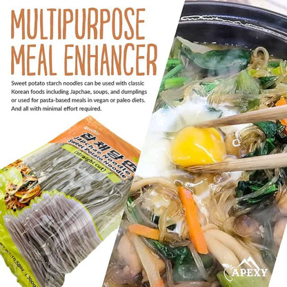 APEXY Sweet Potato Glass Noodles Straight Cut, Japchae Noodles, Korean Vermicelli Pasta, Fat-free and Gluten-free, 100% Sweet Potato Starch, No Additive, No Alum inside, 10.58oz
