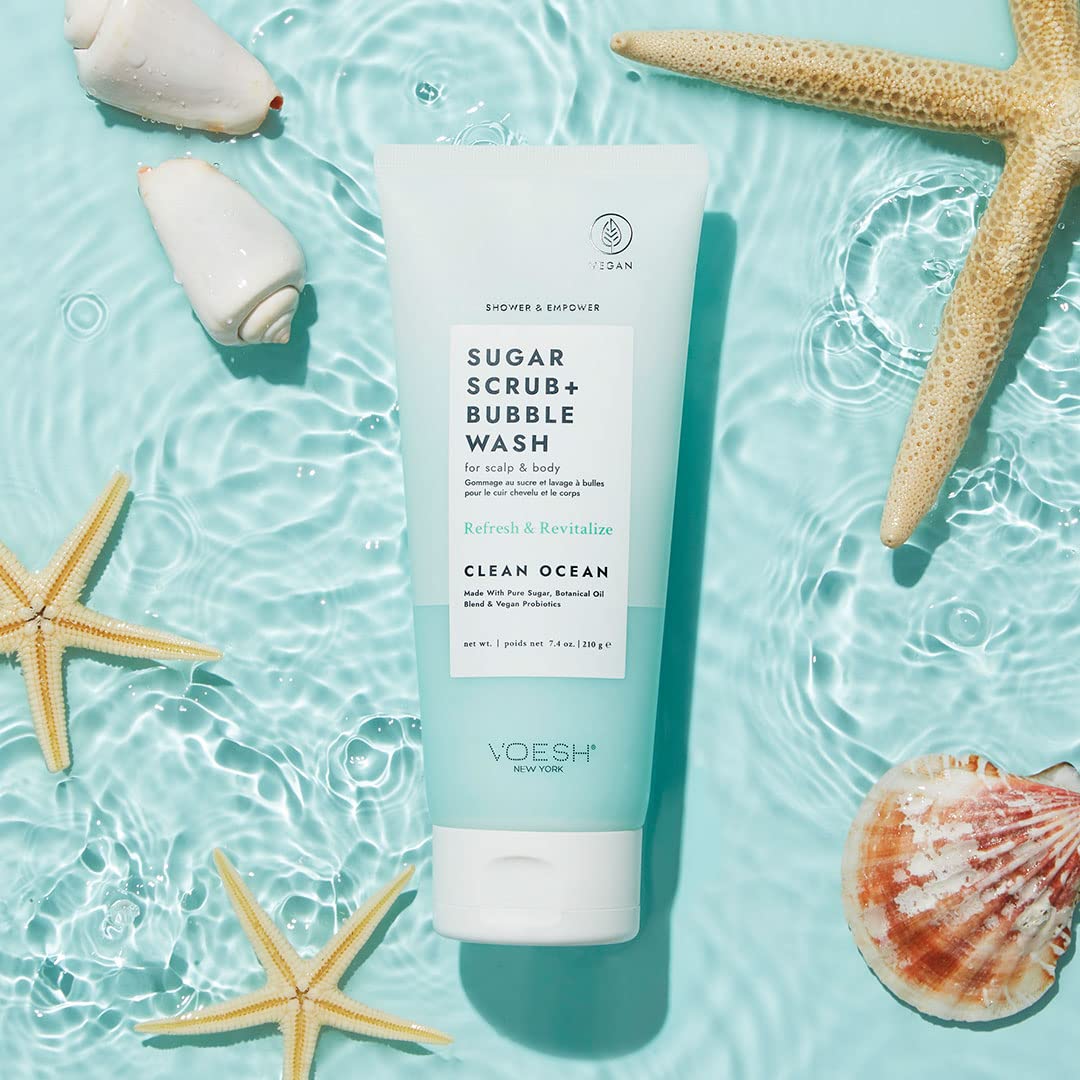 VOESH Sugar Scrub + Bubble Wash, Exfoliating Body Wash, Clean Ocean 2 Pack, Scalp Exfoliator, Scalp Care, Vegan Skin Care