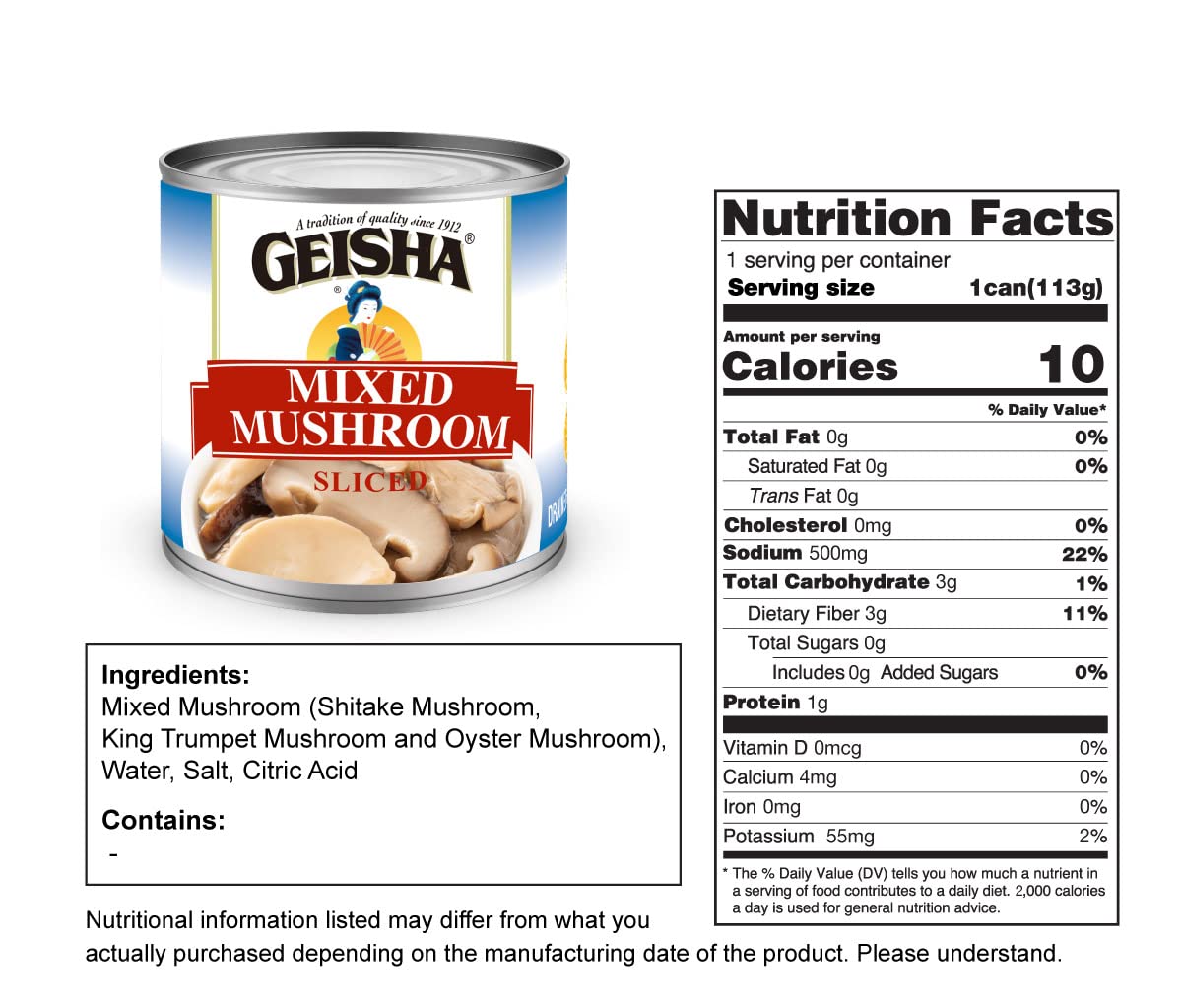 GEISHA Mixed Mushroom Sliced 4OZ. (Pack of 12), Mixed Mushroom| Halal Certified － NON-GMO － Gluten Free－Good Source of Fiber－Only 10 Calories per Container