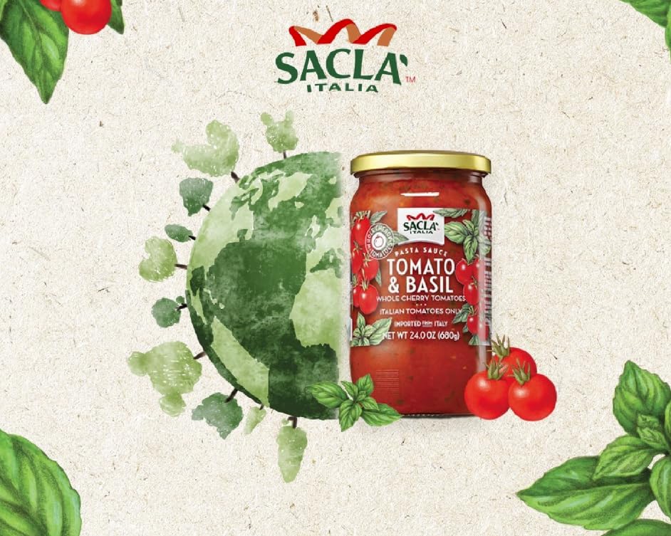 SACLA Cherry Tomato & Basil Pasta Sauce with No Added Sugar | 100% Italian Grown Tomatoes with Basil & Extra Virgin Olive Oil | 24 oz Glass Jar | Imported from Italy | Non-GMO Authentic Italian Sauce