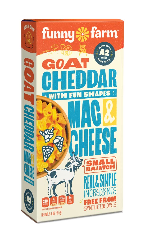 FUNNY FARM Goat Cheddar Cheese with Goat, Pizza & Ice Cream Shaped Pasta Macaroni & Cheese, 6oz. (8-Pack)
