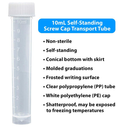 Globe Scientific 6102, Transport Tube, 10mL, with Separate White Screw Cap, PP, Conical Bottom, Self-Standing, Molded Graduations, CS/1000