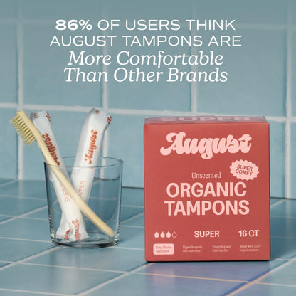 August Super Tampons - 24-Pack 100% Organic Cotton Tampons for Women and Anyone Who Menstruates, Non-Toxic, Fragrance-Free, and Hypoallergenic with Long Applicators