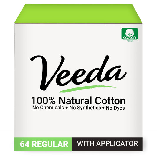 Veeda 100% Natural Cotton Tampons - Regular Absorbency with leak proof protection - Compact BPA-Free Applicator - Unscented & Free from Chlorine, Toxin - 64 Count