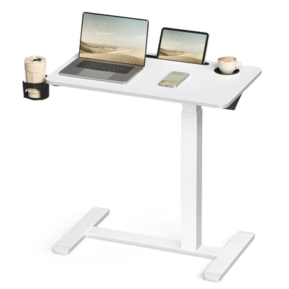 VASAGLE Overbed Table with Wheels, Mobile Standing Computer Desk, 27.6 x 15.7 Inches Tabletop, Adjustable Height, 2 Cup Holders, Phone and Tablet Slot, Cloud White ULSD600W01