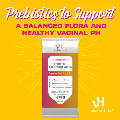 vH essentials Probiotics with Prebiotics and Cranberry Feminine Health Supplement Capsules (544-36) & pH Balanced Feminine Cleansing Wipes with Prebiotics, Tea Tree & Aloe