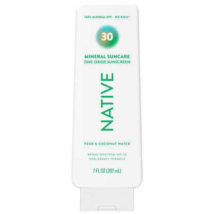 Native Sunscreen Lotion Pear & Coconut Water SPF 30, 100% Mineral SPF for Face & Body Broad Spectrum UVA UVB for Men & Women, Suitable for Sensitive Skin & Hawaii Compliant, Lightweight, 7oz