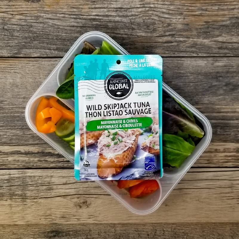 Raincoast Trading Global Wild Skipjack Tuna Pouch Mayo and Chives Wild Caught Pole and Line Certified Sustainable Ready To Eat No Draining No Mess - Pack of 6 2.6oz Pouches