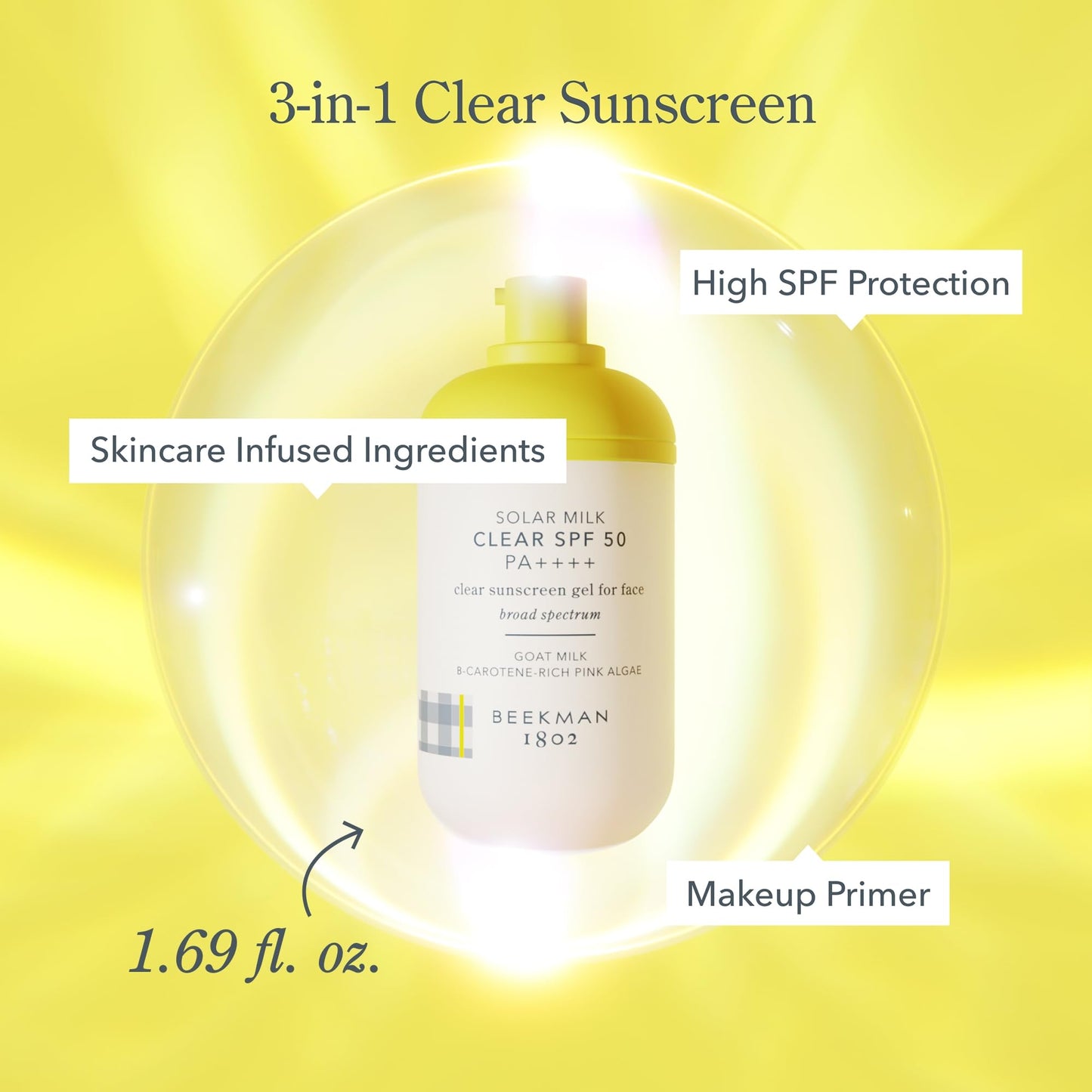 Beekman 1802 Solar Milk 3-in-1 Weightless Clear SPF 50 Face Sunscreen - 1.69 fl oz - Broad Spectrum UVA UVB Protection + Makeup Primer, Non-Greasy Gel, Goat Milk Infused, For All Skin Types & Tones
