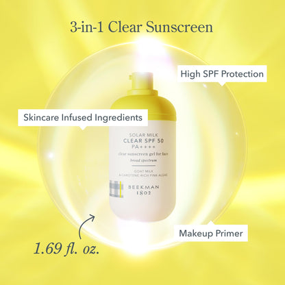 Beekman 1802 Solar Milk 3-in-1 Weightless Clear SPF 50 Face Sunscreen - 1.69 fl oz - Broad Spectrum UVA UVB Protection + Makeup Primer, Non-Greasy Gel, Goat Milk Infused, For All Skin Types & Tones