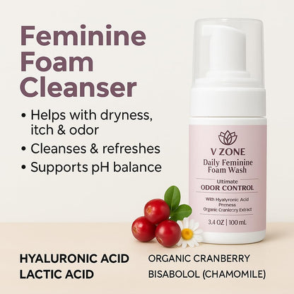 VZone Daily Feminine Foam Wash – Feminine Wash for Women with Hyaluronic Acid, Lactic Acid and Cranberry Extract – Odor Control, pH Balanced, Fragrance-Free, Paraben-Free, Vegan (3.4 OZ)