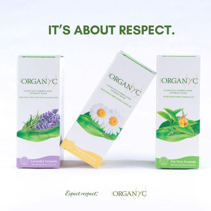 Organyc - Feminine Intimate Wash for Sensitive Skin - Free from Chlorine, Parabens, SLSSLES, and Synthetic Perfumes - 8.5 Fl Oz with Chamomile +Tea-Tree + Lavender