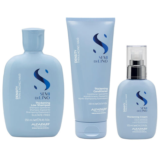 Alfaparf Milano Semi di Lino Density Gift Set for Thin and Aging Hair - Thickening Shampoo, Conditioner and Leave-In Volumizing Cream - Sulfate Free