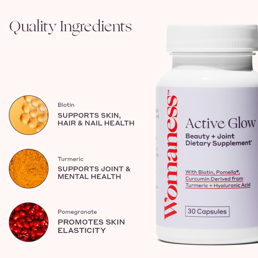 Womaness Active Glow Hair Skin and Nails Vitamins for Women - Hair Growth Vitamins with Hyaluronic Acid - Biotin and Curcumin - Nail Care, Joint Support and Glow Supplements for Dry Skin - 30 Capsules