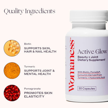 Womaness Active Glow Hair Skin and Nails Vitamins for Women - Hair Growth Vitamins with Hyaluronic Acid - Biotin and Curcumin - Nail Care, Joint Support and Glow Supplements for Dry Skin - 30 Capsules