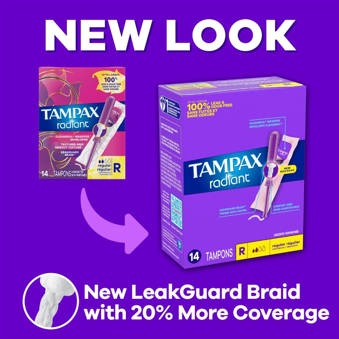 Tampax Radiant Tampons for Women Multipack, with LeakGuard Braid, Regular/Super Absorbency, Unscented, 84 Count (3 Packs of 28)