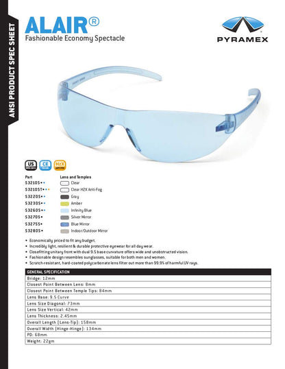 Pyramex Alair Safety Eyewear Indoor/Outdoor Mirror Lens Indoor/Outdoor Mirror Frame ANSI Z87+
