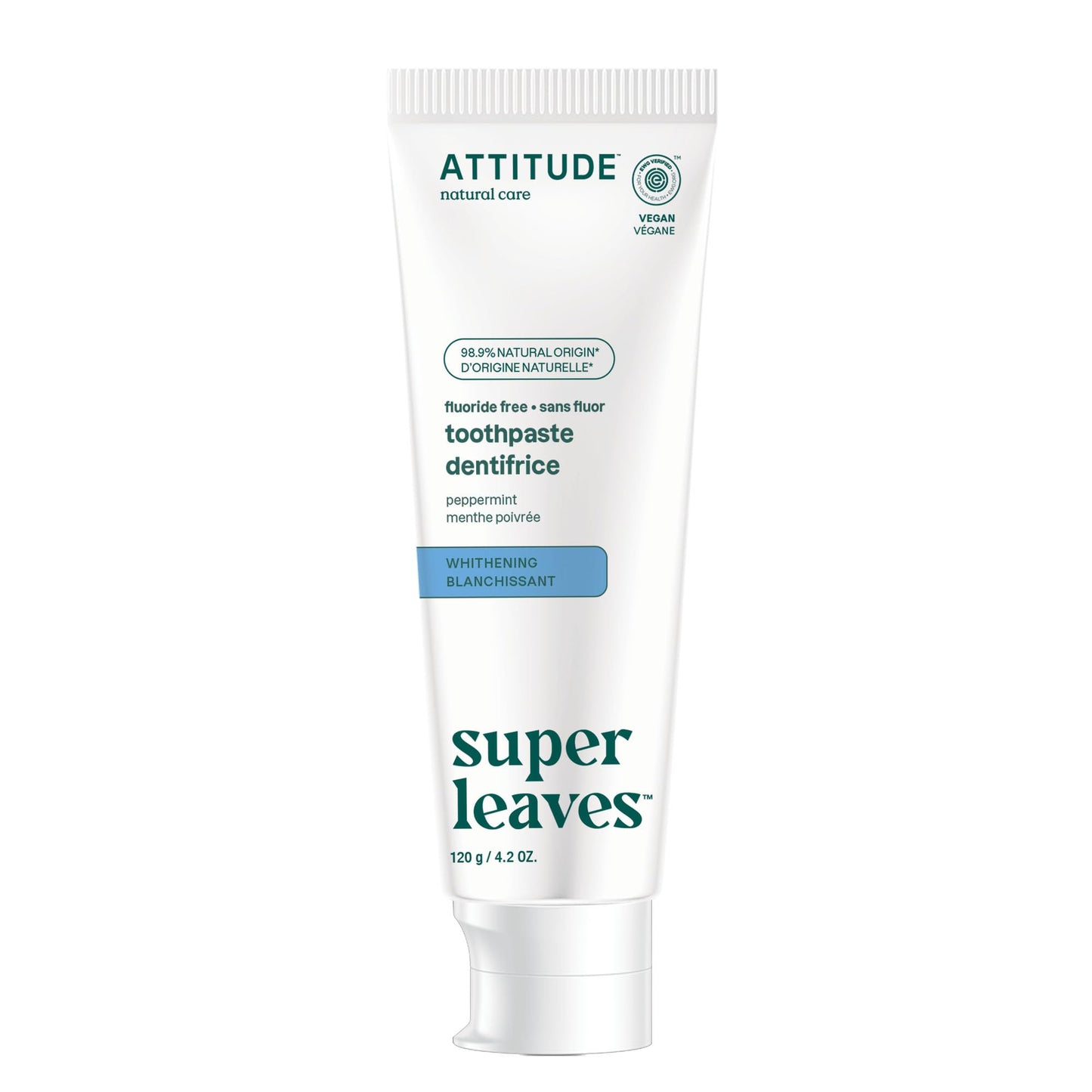 ATTITUDE Fluoride-Free Whitening Toothpaste, Peppermint Flavor, Vegan & Cruelty-Free, Sugar-Free, Plant & Mineral-Based Ingredients, Clean Oral Care, 4.2 Oz