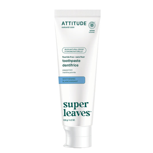 ATTITUDE Fluoride-Free Whitening Toothpaste, Peppermint Flavor, Vegan & Cruelty-Free, Sugar-Free, Plant & Mineral-Based Ingredients, Clean Oral Care, 4.2 Oz