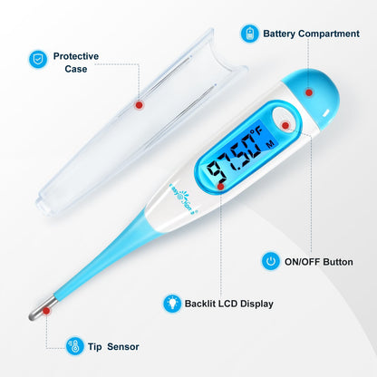 Easy@Home Digital Basal Thermometer for Ovulation: Backlight LCD Display 1/100th Degree High Precision BBT, Memory Recall, NOT Bluetooth Enabled – Scan Results with Premom Fertility Tracker App, Blue