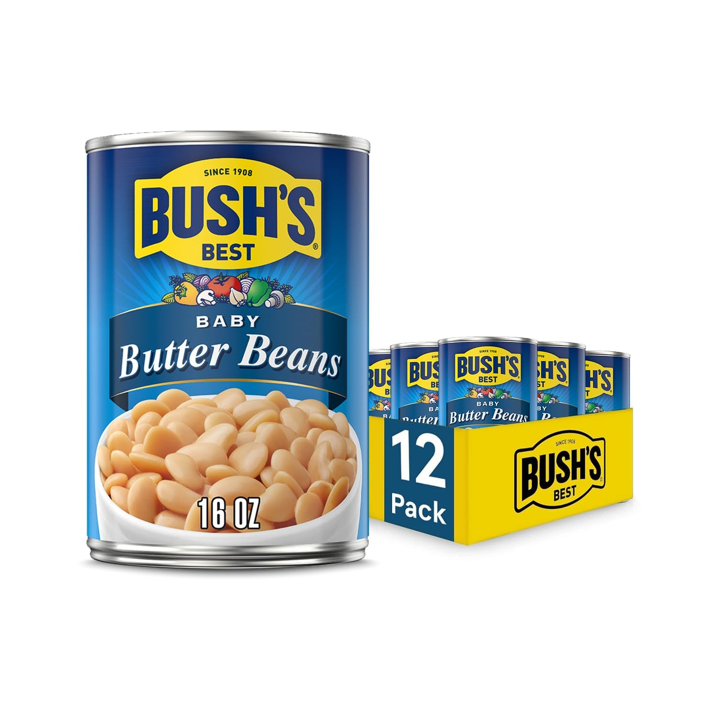 BUSH'S BEST 16 oz Canned Baby Butter Beans, Source of Plant Based Protein and Fiber, Low Fat, Gluten Free, (Pack of 12)
