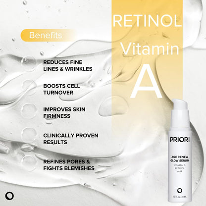 Priori Skincare Age Renew Glow Serum, Vitamin C, Retinol, AHA, Advanced Anti-Aging Radiance Boosting Formula, Dark Spot & Wrinkle Reduction, Firmness, Glowing Complexion, 1 fl oz