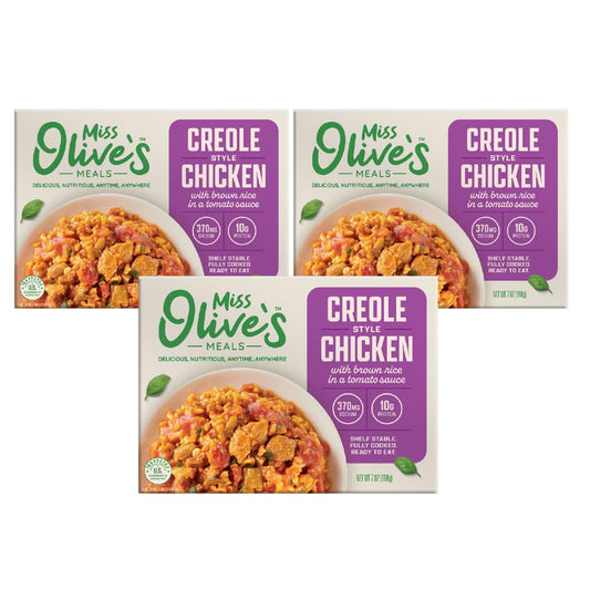 Miss Olive’s Creole Style Chicken with Brown Rice – Shelf-Stable Microwavable Ready Meals, Lower Sodium (3 Pack, 7 oz Each) – Fully Cooked Healthy Heat & Eat Meals