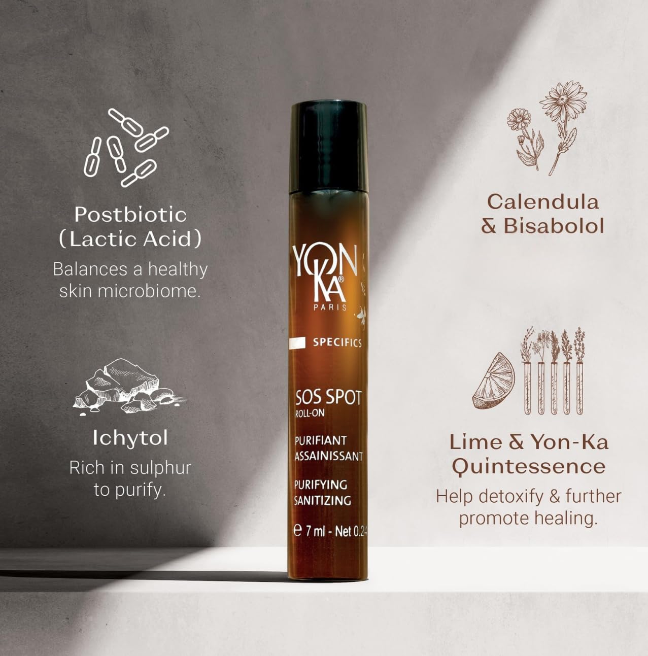 Yon-Ka SOS Spot Roll-On | Targeted Blemish Treatment for Pimples and Breakouts | Soothes and Purifies Skin | Alcohol-Free | Travel Size 0.24 fl oz