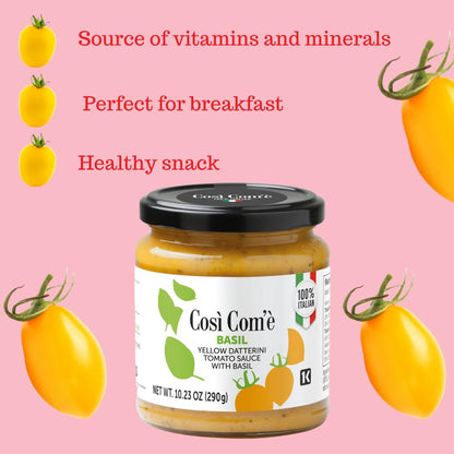 Cosi Come - Yellow Tomato Pasta Sauce with Basil, 10.23 Oz, Made with Yellow Datterino Tomatoes, Non GMO, Non Preservative, Product of Italy