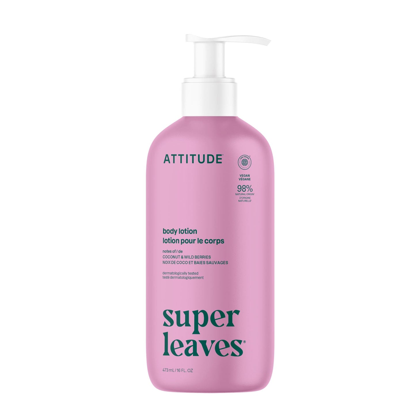 ATTITUDE Body Lotion, EWG Verified Moisturizer, Vegan Skin Care Products, Non-Greasy, Hydrating for Dry Skin, Cruelty Free, Moisturizing, Coconut & Wild Berries Scent, 16 Fl Oz