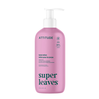 ATTITUDE Body Lotion, EWG Verified Moisturizer, Vegan Skin Care Products, Non-Greasy, Hydrating for Dry Skin, Cruelty Free, Moisturizing, Coconut & Wild Berries Scent, 16 Fl Oz