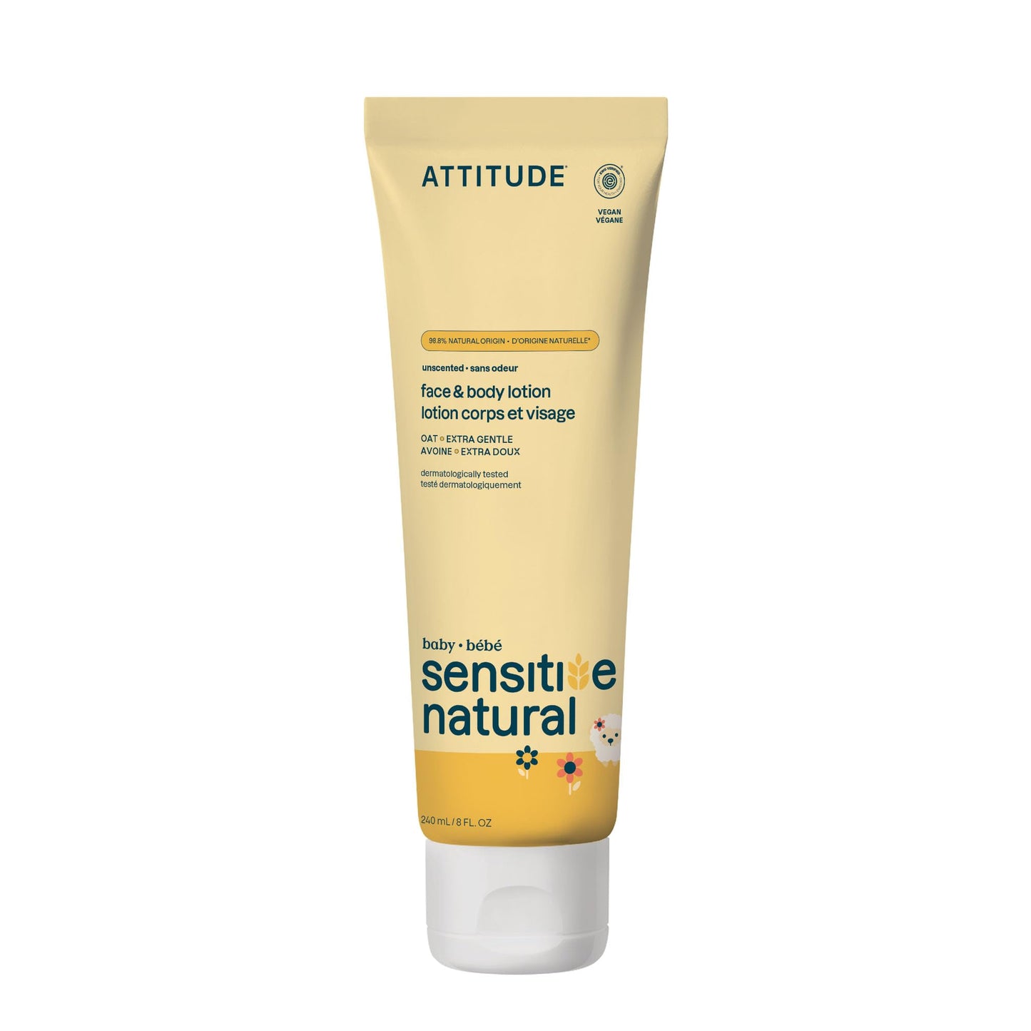 ATTITUDE Baby Lotion for Sensitive Skin with Oat, EWG Verified, Plant and Mineral-Based Ingredients, Vegan Personal Care Products, Unscented, 8 Fl Oz