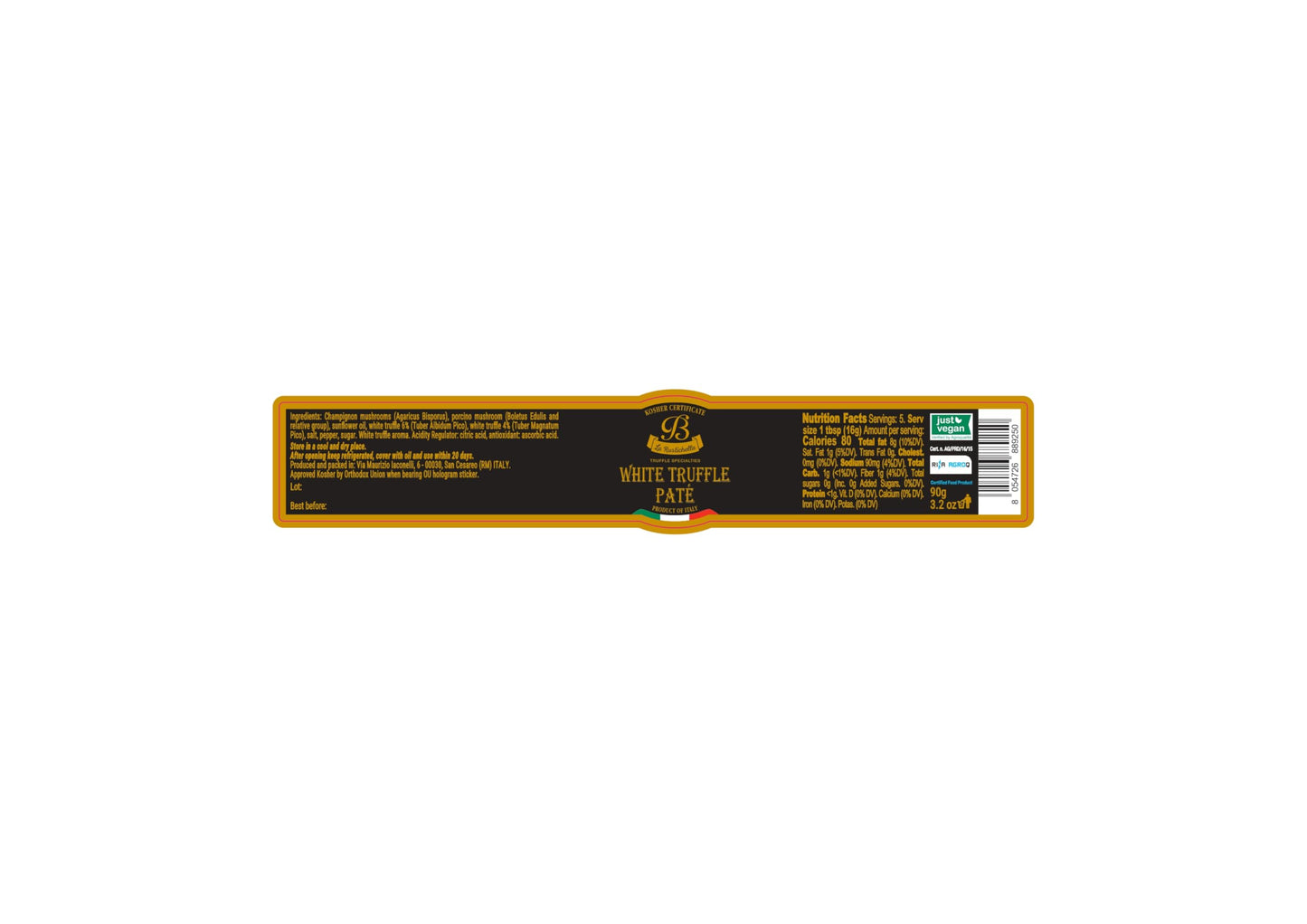 La Rustichella - 100% KOSHER White Truffle Patè - Certified Kosher Recipe - 100% Made in Italy | Vegan, Gluten-Free, Cholesterol-Free (3.17 oz | 90 gr)