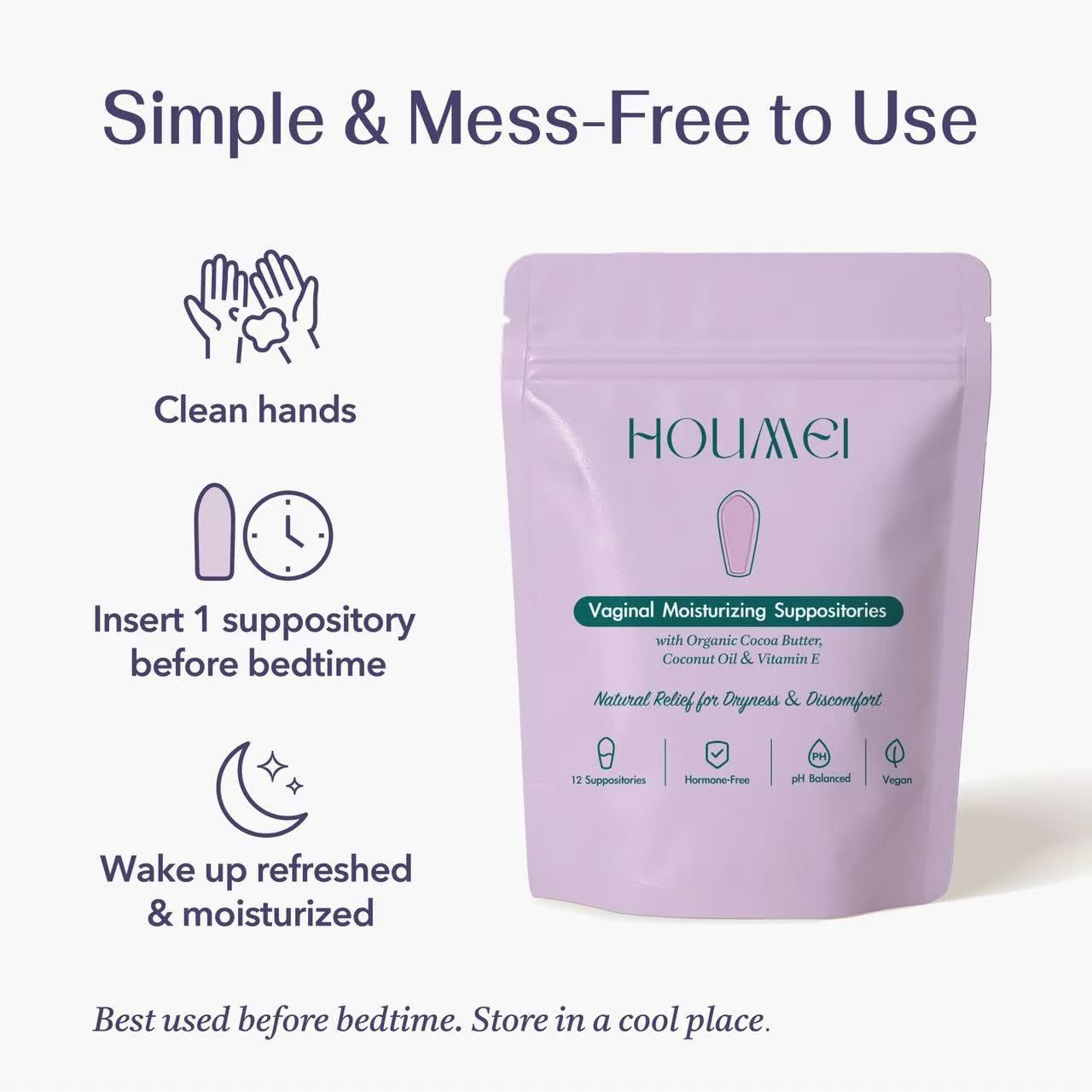 Vaginal Suppositories with Vitamin E and Hyaluronic Acid, Organic Feminine Moisturizer for Dryness & Discomfort Relief, pH-Balanced Natural Feminine Care, 12 Counts