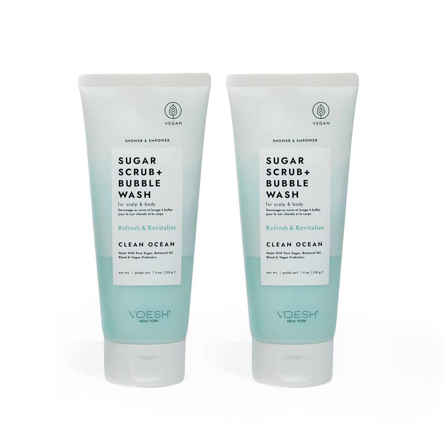 VOESH Sugar Scrub + Bubble Wash, Exfoliating Body Wash, Clean Ocean 2 Pack, Scalp Exfoliator, Scalp Care, Vegan Skin Care
